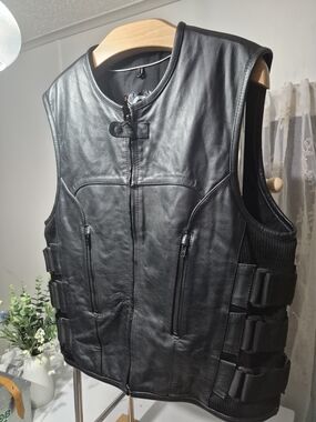 True Element Black Leather Tactical Zip Vest Biker